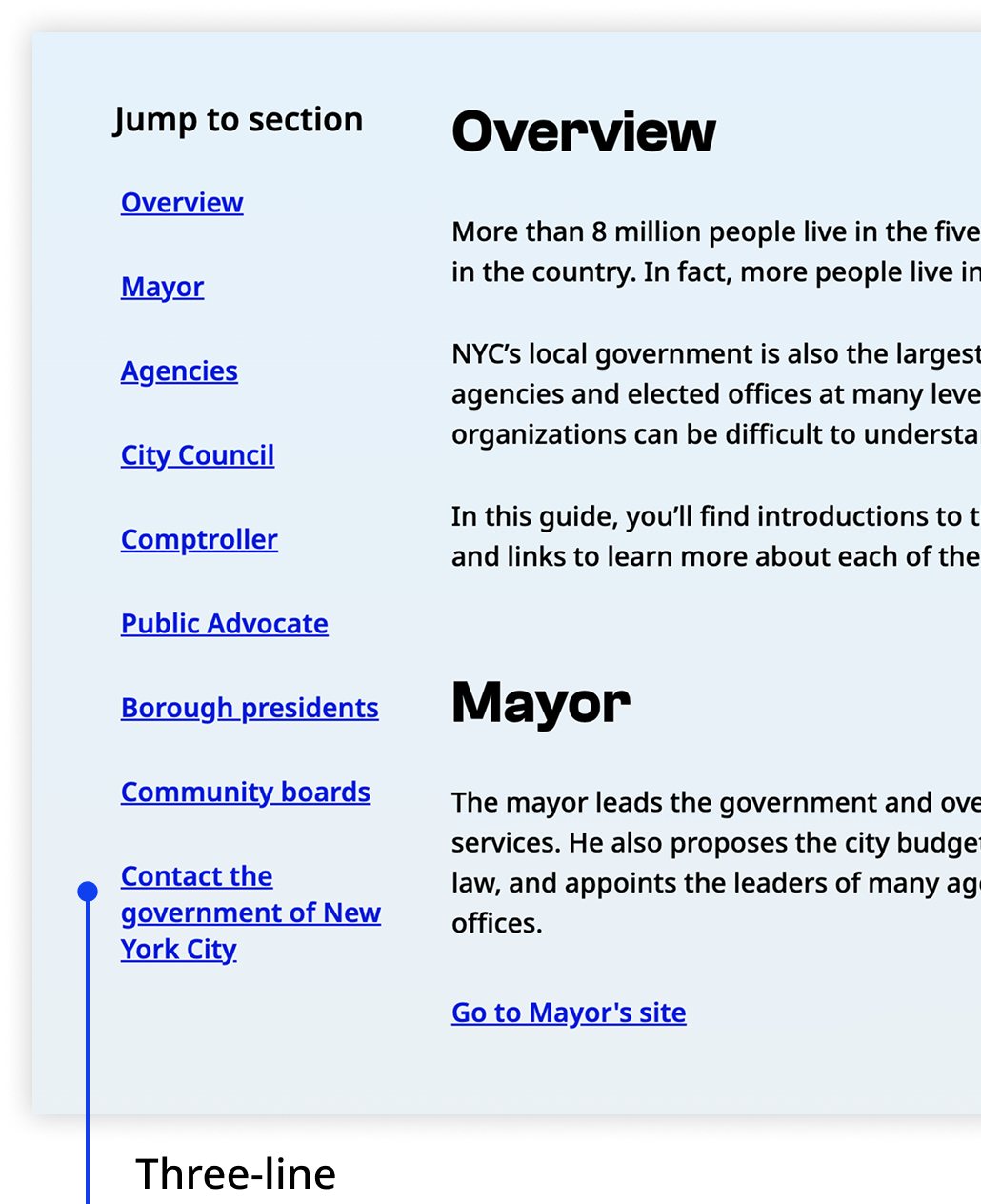 Desktop nyc.gov screenshot showing a long list of jump links. The final link "Contact the government of New York City" is displayed on three lines.
